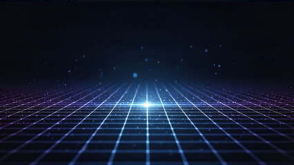 Glowing digital grid receding into dark space with floating particles glowing lines