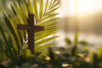 Cross placed among green leaves during sunset showing symbol of faith and nature together