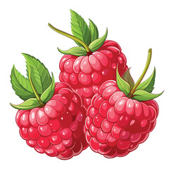 Three bright red raspberries with shiny highlights and green leaves