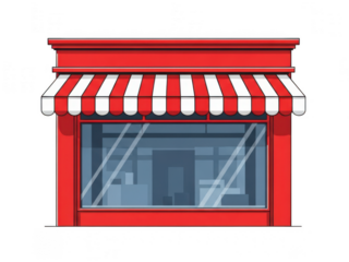 Vibrant red storefront with white striped awning isolated on transparent background