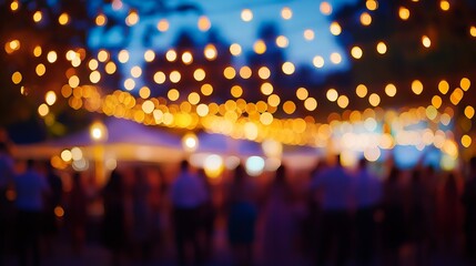 A crowd of people standing under a string of yellow lights at an outdoor event at night