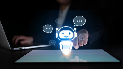 AI chatbot virtual assistant interacting with users through AI conversation bubbles, symbolizing AI automation, smart communication, and AI digital artificial intelligence help support Latch