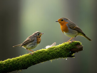 Fototapeta premium European robins adult and juvenile on mossy branch
