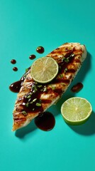 Grilled fish fillet with Atanga sauce, garnished with lime, on an teal backdrop, dish from Gabon, food photo, template for social media, digital ads, web banners, mobile wallpapers, greetings card