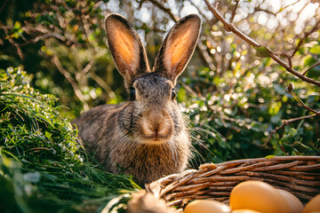Rabbit sits near a basket of eggs surrounded by grass and bushes in bright daylight