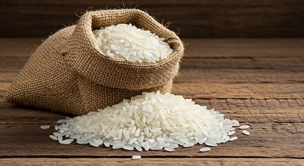 White rice spilling from a burlap sack on a wooden table
