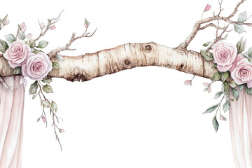 Floral birch arch with pink roses, draped curtains