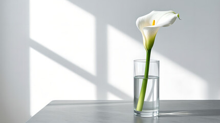 Elegant white Calla Lily in a glass vase with natural window light shadows