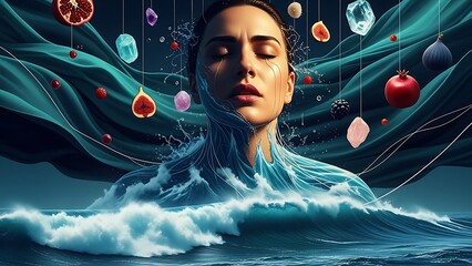 The Elemental Beauty: A Surreal Portrait of a Woman Integrated with Dynamic Ocean Waves, Flowing Teal Fabric, and Antioxidant-Rich Floating Fruits and Crystals for Health and Wellness.