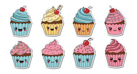 Set of eight adorable cupcake characters with happy faces, colorful sprinkles, and cherries in various cute and fun designs.