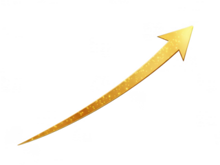 Golden arrow pointing upwards with shiny metallic texture isolated on transparent background