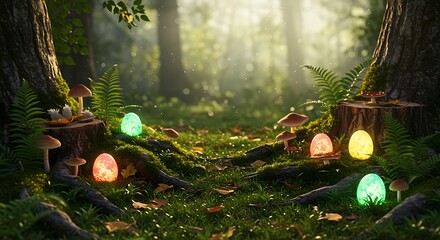 Enchanted Forest with Glowing Eggs and Mushrooms in Sunlit Woods