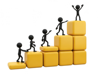 Stick figures collaborating to climb a yellow block staircase isolated on transparent background