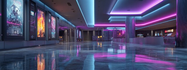 Sleek Modern Cinema Lobby with Glowing Lights Reflected on Polished Floors