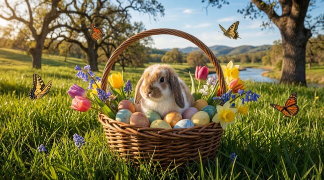 Bunny in Basket with Easter Eggs and Flowers in Lush Green Meadow Under Sunlight  