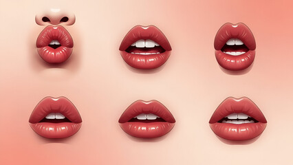 Fototapeta premium Six different expressions of female lips with various mouth and teeth