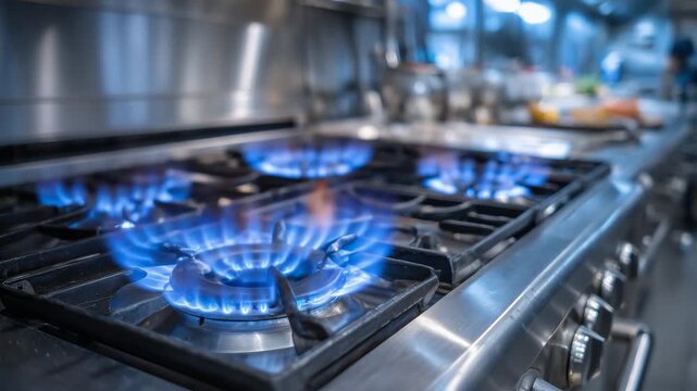 442Modern stainless steel gas stove with several burners lit, blue flames flickering, reflective metal textures, close-up emphasizing energy and precision cooking setup