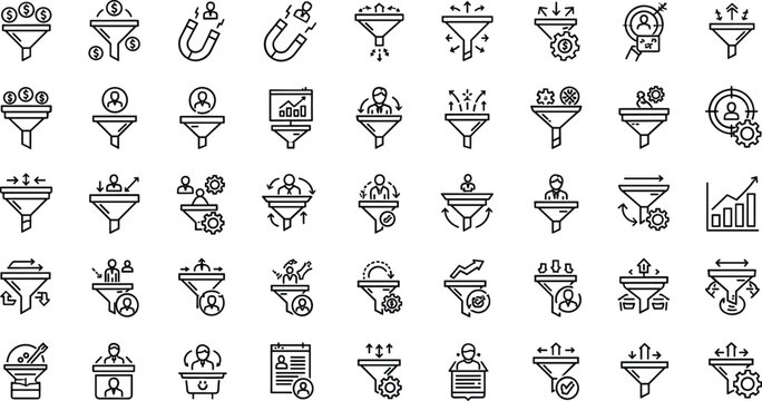 Business Funnel and Marketing Conversion Process Icon Set Analytics Strategy and Sales Flow Vector Collection