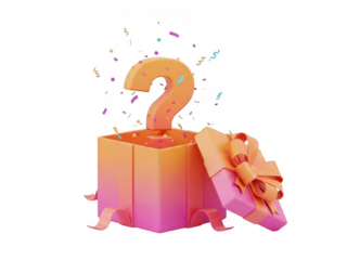 Celebratory question mark gift box with confetti and ribbon isolated on transparent background