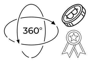 Cryptocurrency, blockchain technology, virtual assets, virtual reality, fintech, achievement recognition. Bitcoin coin and ribbon next to a 360-degree graphic. Cryptocurrency and blockchain