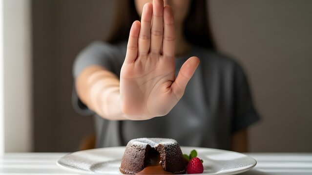 Female Hand Stop Gesture Refusing Dessert Plate Healthy Choices Concept