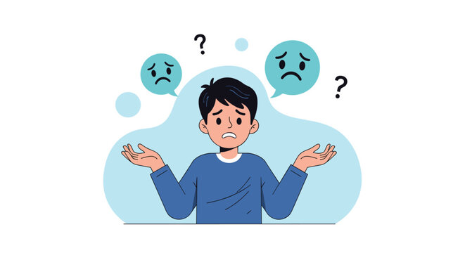 Young boy looking confused and shrugging his shoulders with question marks and sad faces appearing in speech bubbles around him.