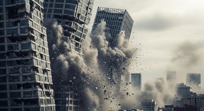 Catastrophic earthquake impact on modern city buildings, showing structures shaking and starting to crumble in a devastating urban disaster concept with dust and debris.