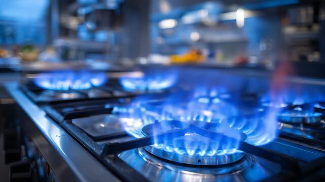 450Active burners on stainless steel stove, close-up showing vibrant blue flames, polished metallic reflections, modern kitchen ambiance, sharp focus on heat and flame patterns