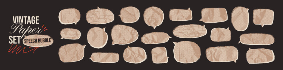Vintage comic speech bubbles with newspaper crumpled paper texture. Beige retro irregular halftone stickers with chalk dotted lined, grid patterns. Empty dialog balloon text boxes for emphasis text.
