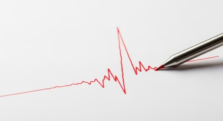 A pen drawing a red line illustrating an earthquake aftershock symbol on paper, representing a seismic activity concept or critical event