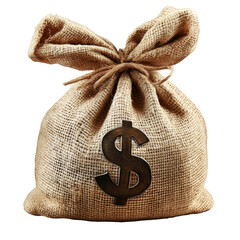 Full burlap sack with dollar symbol on front, tied shut
