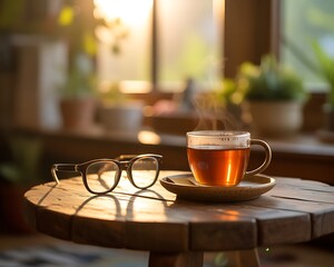 Tea Cup and Glasses on Sunlit Wooden Table