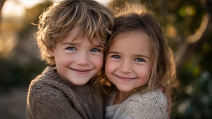 460Little boy and girl hugging in a sunlit park, warm golden light filtering through trees, joyful expressions, capturing sibling love, friendship, and childhood innocence