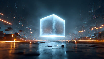 Glowing blue cube in center of futuristic digital landscape. Neon illuminated 3D cubes surround. Orange lights scatter across dark background. Tech cityscape with glowing neon elements. Abstract