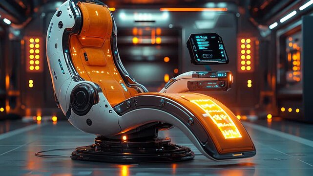 Low angle static shot: Futuristic chair in spaceship cabin. Orange and white ergonomic design.