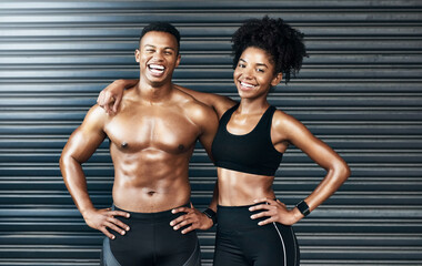 Gym, laugh and portrait of black couple for fitness, exercise and bodybuilder training for wellness...