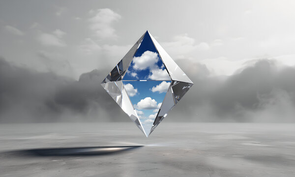 Levitating crystal octahedron showing bright blue sky and clouds in a bleak, foggy landscape