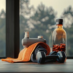 realistic product photo of a vitamin bottle, gym towel, dumbbell, health fitness lifestyle aesthetic