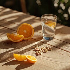 realistic product photo of vitamin capsules a glass of water fresh orange slices healthy lifestyle