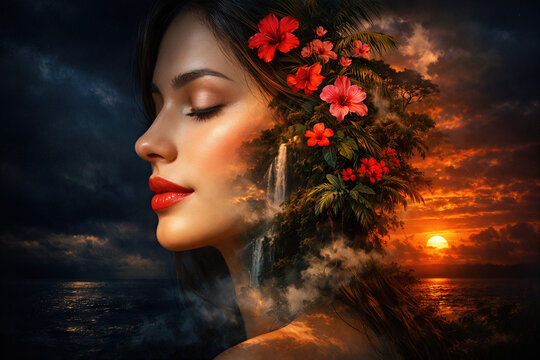 Double exposure portrai of a beautiful woman with tropical beauty contrasting with dark ocean