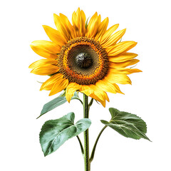 Single Sunflower with Bright Yellow Petals, Dark Brown Center, and Green Leaves on White Background