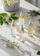 Four glass bottles of natural skincare serum surrounded by fresh flowers and glistening water droplets