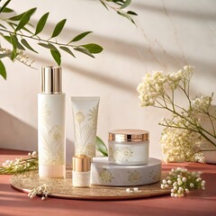 Elegant arrangement of white skincare bottles and jars featuring intricate gold botanical patterns