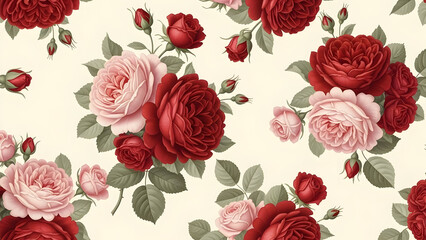 Vintage floral pattern with red and pink roses