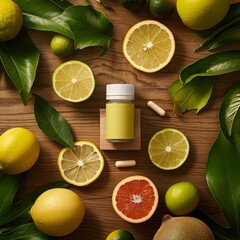 realistic product photo of supplement bottle fresh citrus slices green leave lifestyle vibrant color