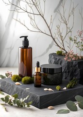Natural beauty products displayed on elegant slate platforms with organic elements