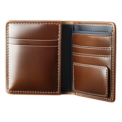 Open, brown leather wallet with slots and card holders