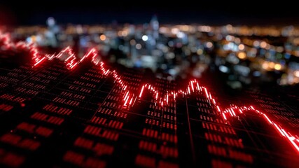 483Stock market collapse visualization, jagged red lines and downward arrows on black background, financial data overlaid, dramatic depiction of economic decline - Powered by Adobe