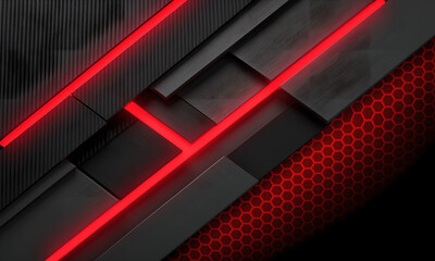 Dark Abstract Background with Red Neon Lights and Carbon Fiber Texture