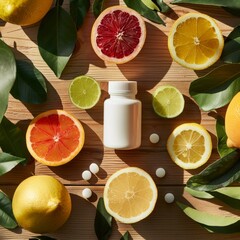 realistic product photo of supplement bottle fresh citrus slices green leave lifestyle vibrant color